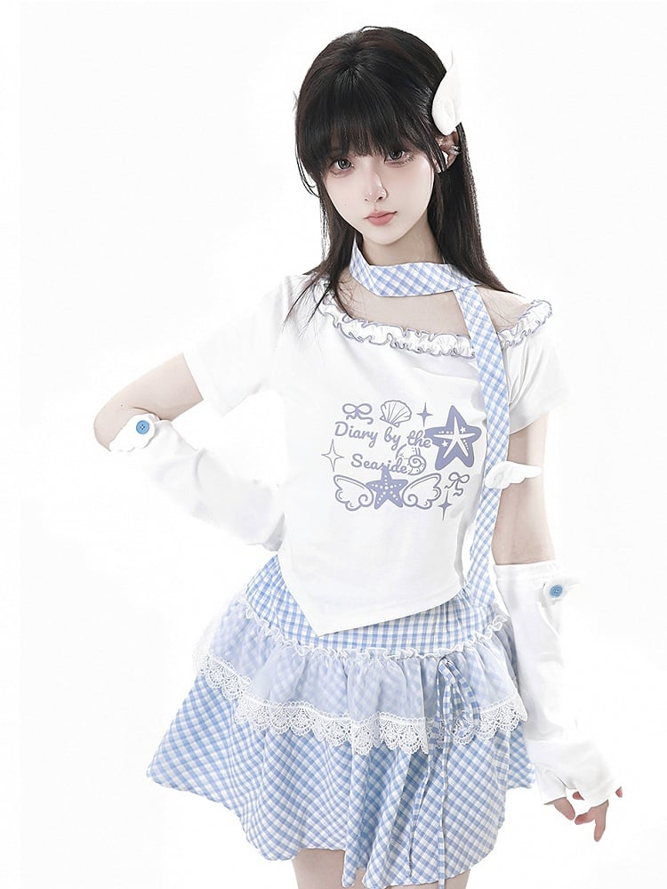 Lace Plaid Trim Skirt Pink/Baby Blue