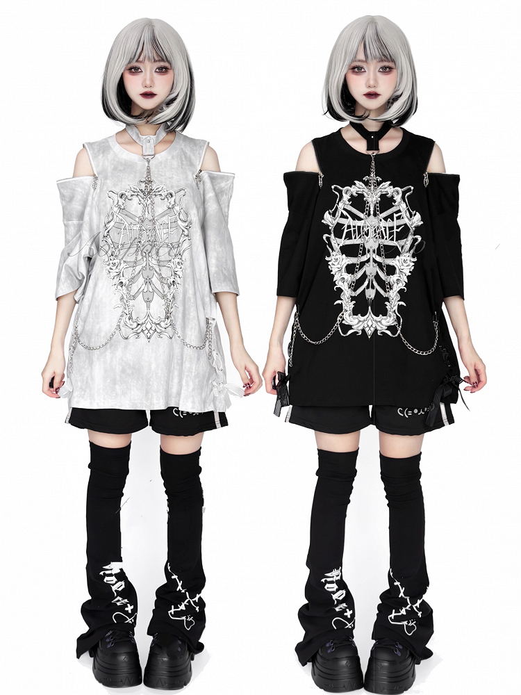 Choker T-Shirt Ribcage Gothic Shoulder Chain Coffin Print with Zip Detachable Convertible Black