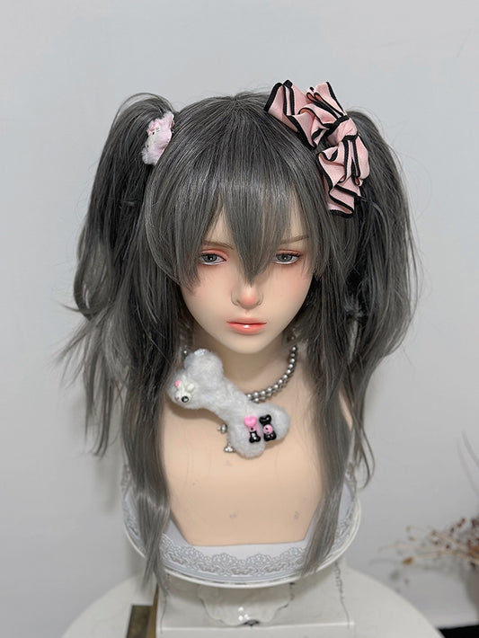 Clips Wig Gray Double Ponytail + 30CM Claw Bangs 38CM Straight Length With Ombre Hair Color