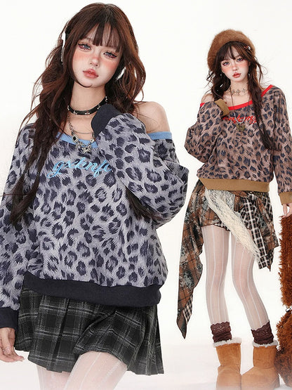 Leopard Pattern Asymmetrical Neckline Sweatshirt