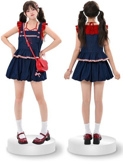 Red Plaid Hem Kitty Embroidery Buttons Heart Blue Sleeveless Top