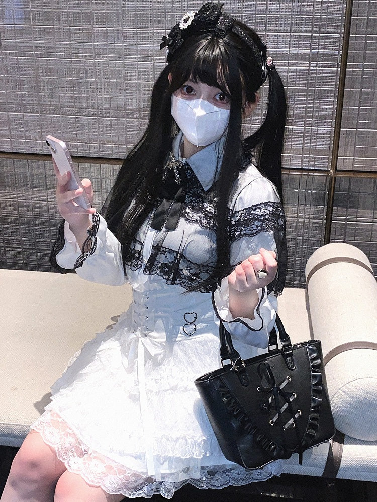 Jirai Kei White&Black/All Black Lace Cape Design Landmine Style Blouse