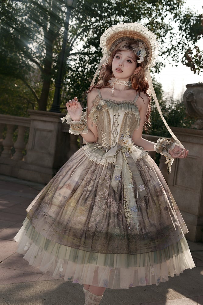 Jupe Lolita en tulle à imprimé floral et peinture à l'huile verte