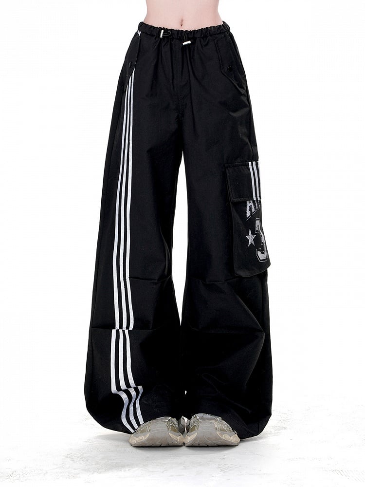 Black Drawstring Waist Cargo Pockets Loose Straight-Leg Pants