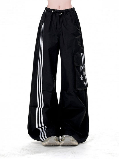 Black Drawstring Waist Cargo Pockets Loose Straight-Leg Pants