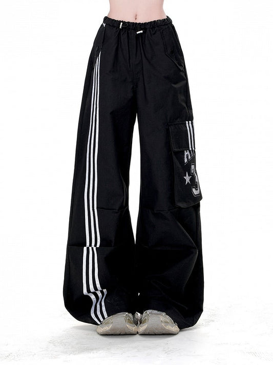 Black Drawstring Waist Cargo Pockets Loose Straight-Leg Pants