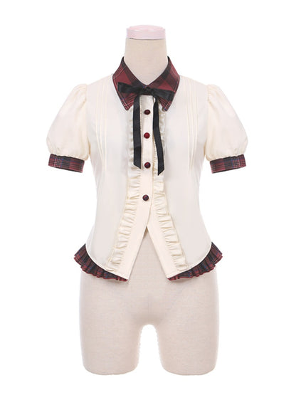 Contrast Red Plaid Trim Beige Idol Lolita Blouse with Lace-up Detail at Back