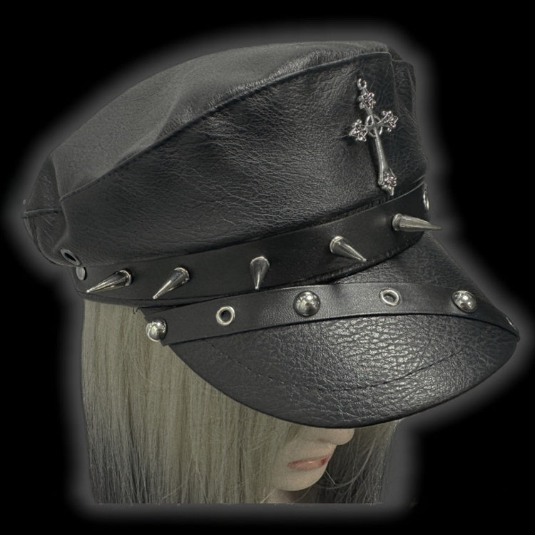 Y2K Black Cross Charm Buckle Strap Studs Adorned Punk Beret