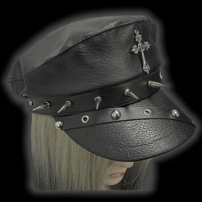 Y2K Black Cross Charm Buckle Strap Studs Adorned Punk Beret