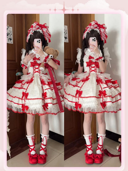 Rock Schleife Süße Prinzessin Akzente Rot Lolita Weiß und Pullover