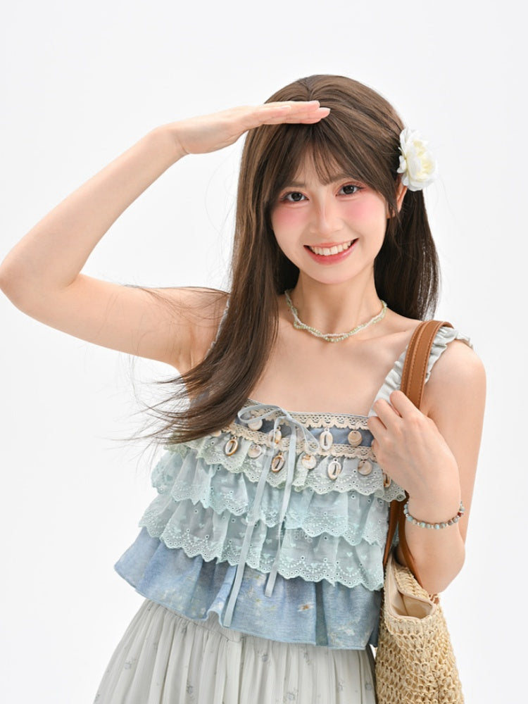 Sleeveless Top Shell Charm Tiered Ruffles Blue