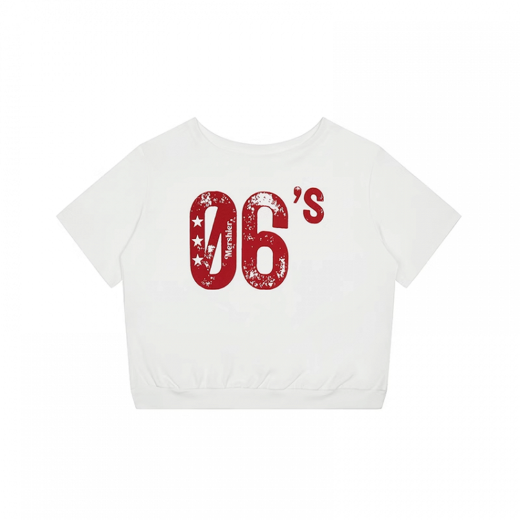 Vintage Number Print White Asymmetrical Neckline T-shirt