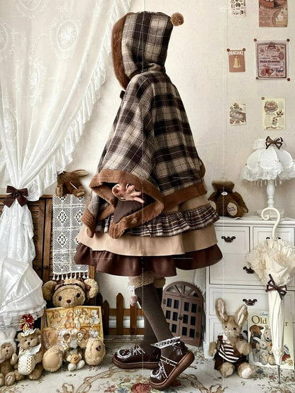 Brown Plaid Pattern Self-tie Big Bow Neckline Christmas Reindeer Hooded Cape Coat