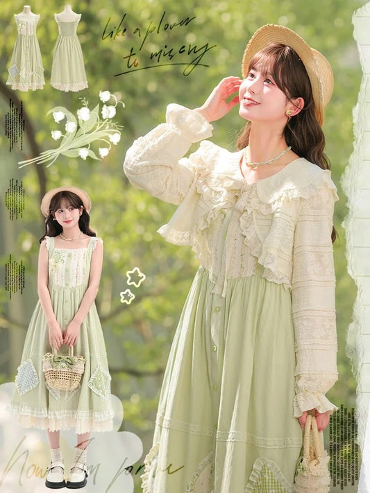 Robe sans manches à appliques florales vertes Mori Kei