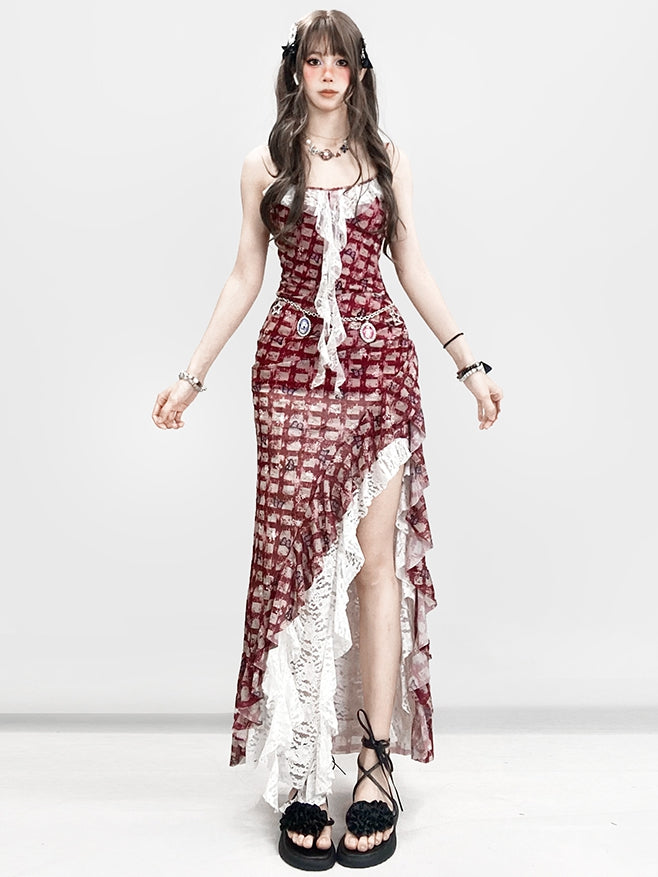 Hem Glamorous Bittersweet Pattern Red Skirt White Dress Cami Set- Plaid Lace Butterfly Asymmetrical +