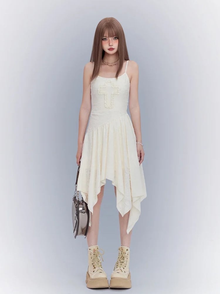 Apricot Asymmetrical Cami Dress Punk Waistline Cross Detail Handkerchief Hem Wasteland