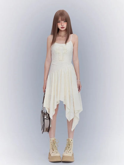 Apricot Asymmetrical Cami Dress Punk Waistline Cross Detail Handkerchief Hem Wasteland