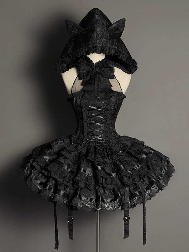 Skirt Set Sleeveless Kuro Lolita Gothic Tiered Full Halter Neck Top Black +
