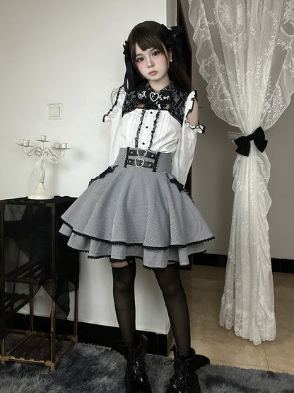 Black & White Houndstooth Double Heart Buckle Bowknot Jirai Kei Tiered Skirt