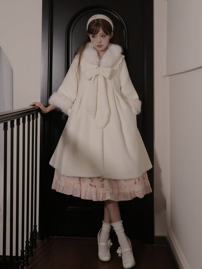 White Detachable Cozy Faux Fur Collar Winter Woolen Coat