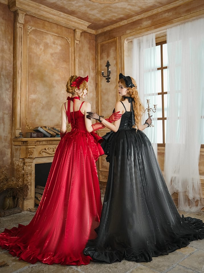 Lolita Full Black Boned Spaghetti Elegant Set Waist Cowl Basque Skirt Neckline Dress Jumper