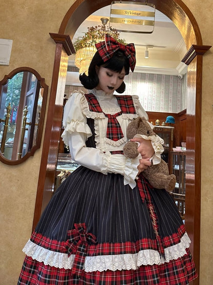 Robe à carreaux rouges et rayures noires, col amovible et jupe pull Lolita à nouer