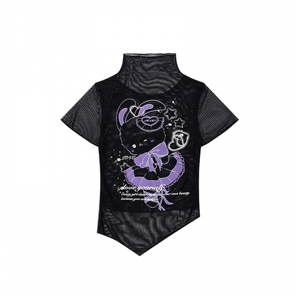 T-shirt Black Mock Neck Mesh Y2K Cute Bunny Print Curved Hem