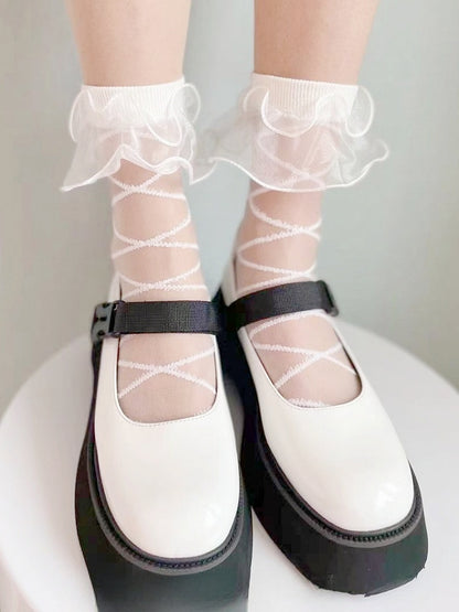 White/Black Organza Ruffled Cuff Crisscorss Banded Lolita Ankle Socks