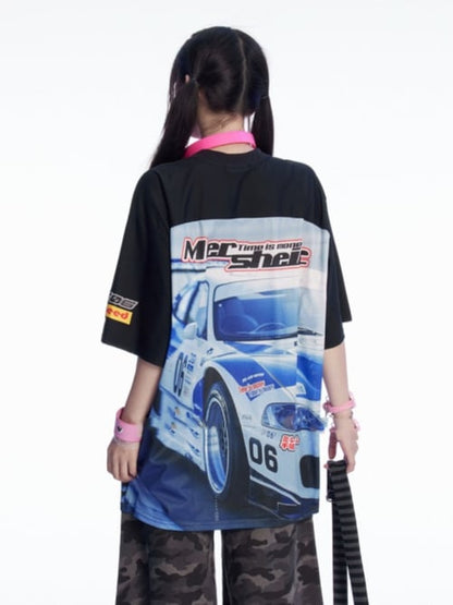 Blue Black and T-shirt Colorblock V-neck Racing Print Loose Design