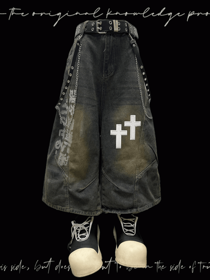 Dunkelblaue Jeans mit weitem Bein, verblasste Waschung, Kreuzapplikationen, Distressed