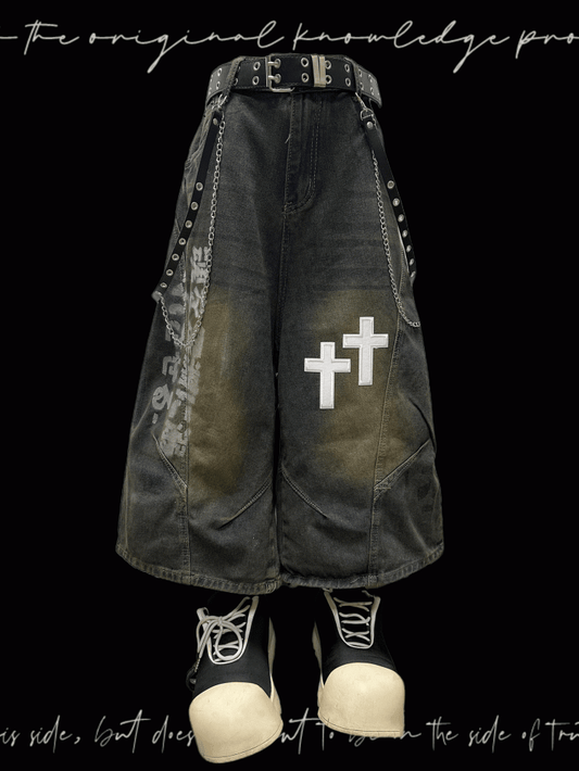 Dunkelblaue Jeans mit weitem Bein, verblasste Waschung, Kreuzapplikationen, Distressed