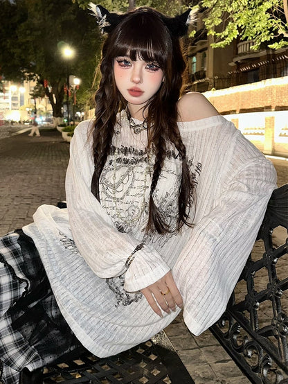Black/White Asymmetrical Neckline Loose Fit Printed Top
