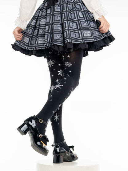 White/Black Snowflake Print Lolita Tights