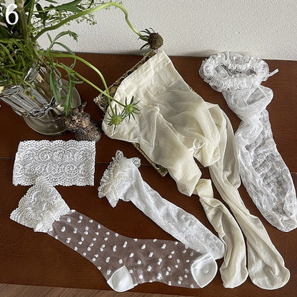 Semi-sheer White Socks/Lace Loop Stockings/Floral Bowknot Lace Leg Trims Tights/Beaded Stockings/Tulle Underknee Pattern