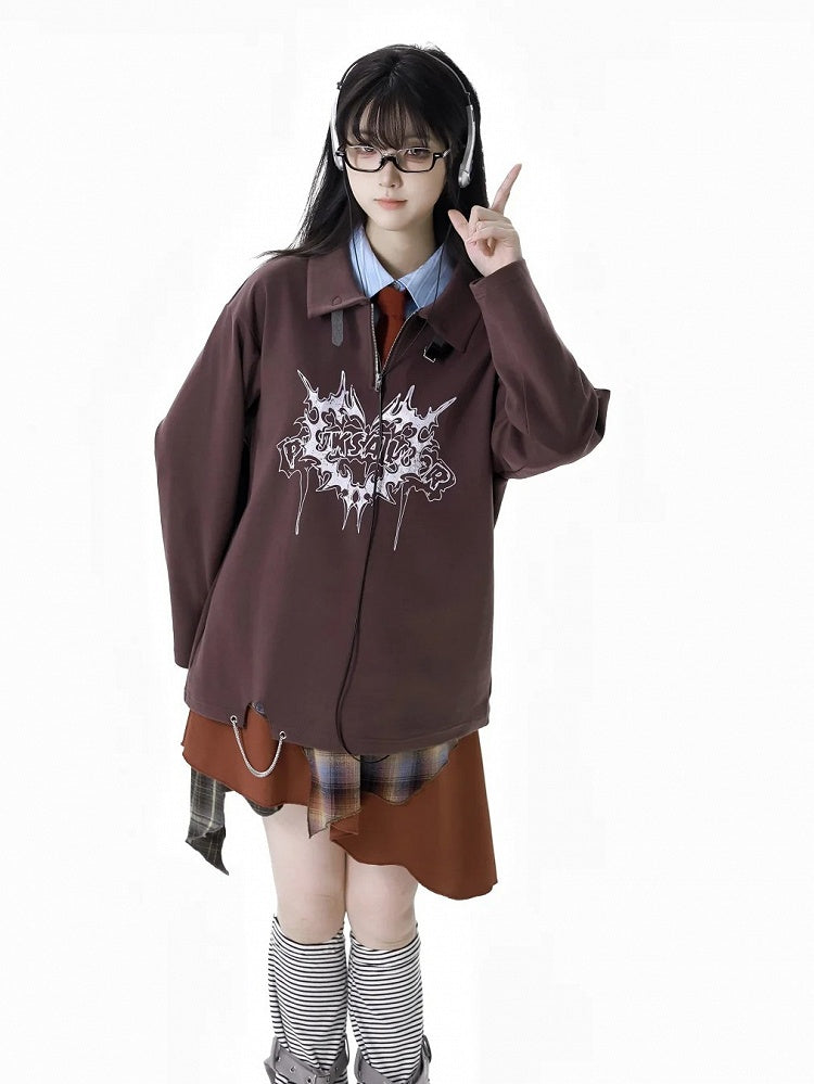Collar Banded Graphic Sweatshirt Brown Polo Collar Buckle Strap Neckline