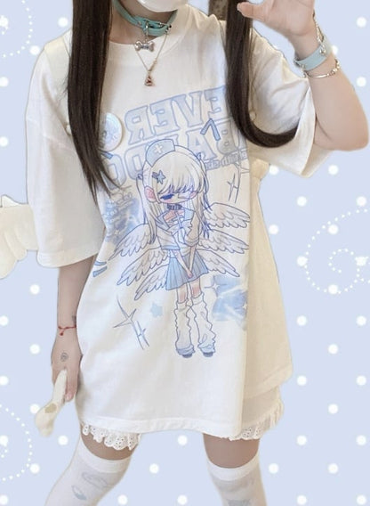 Jirai Kei Graphic Kawaii Sleeves T-Shirt Yami Blue  White Angel Wing