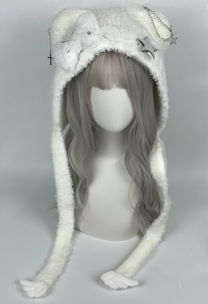 Chapeau en peluche avec oreilles d'ours et ailes croisées noires et blanches