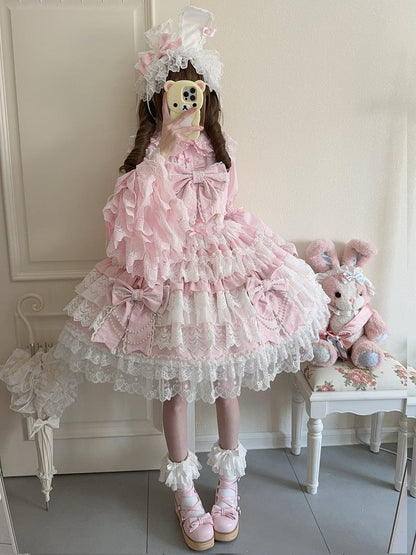 Decoration Tiered Lolita Chain Skirt Hanayome Bead Bows Big Pink Dress