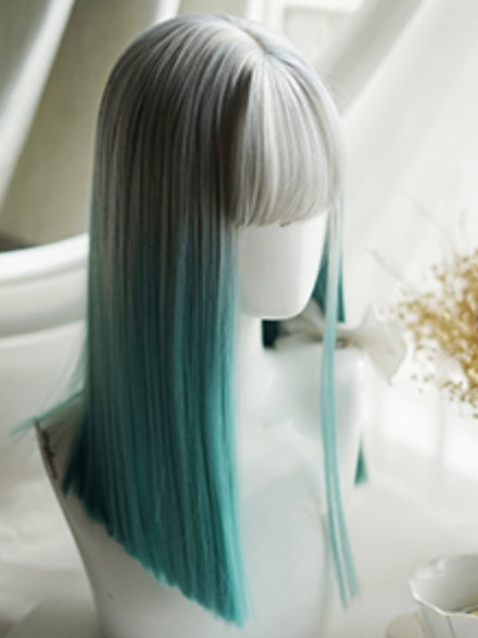 Grey-green Ombre Hair Color Above Bust Length Straight Wig With Full Bangs