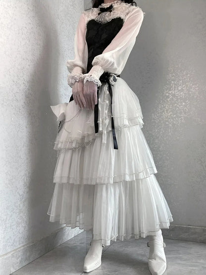 Classic JSK Elegant Layered Full Tulle Slim Bodice Jacquard Hem White Lolita Black Fit Floral Set