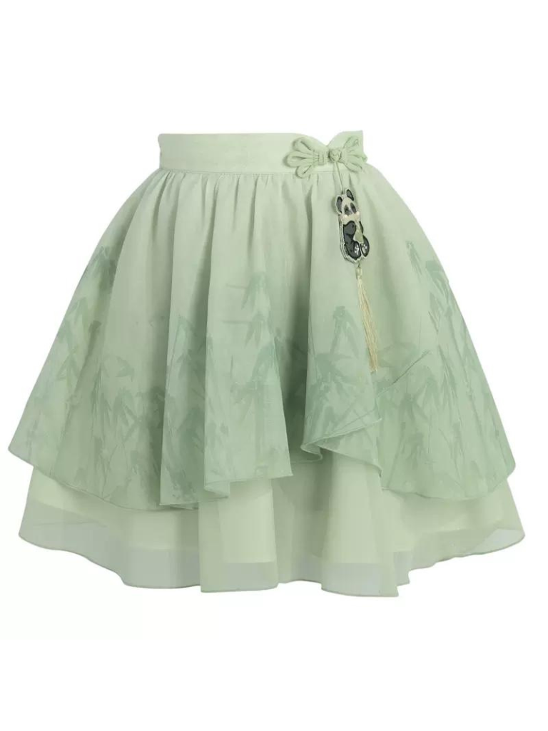 Ensemble chemise et jupe à manches longues Panda Kung Fu menthe + mousseline