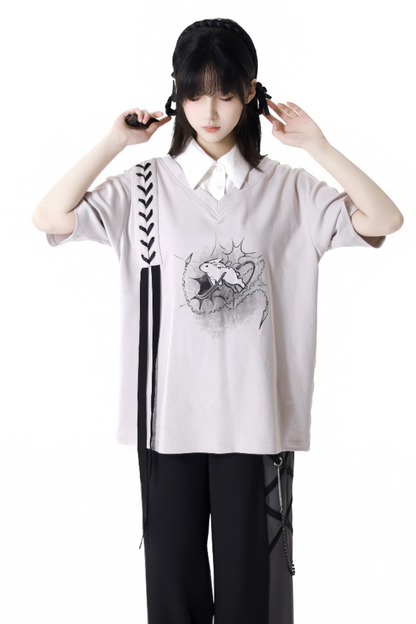 Mode top T-shirt pants wide + design lace-up waist