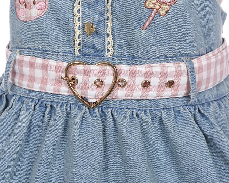 Light Blue Candies Sweet Denim Overall Dress Scalloped Edge Trim Skirt