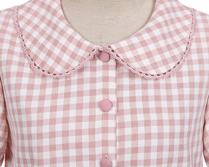 Pink Peter Pan Collar Plaid Short Puff Sleeves Shirt