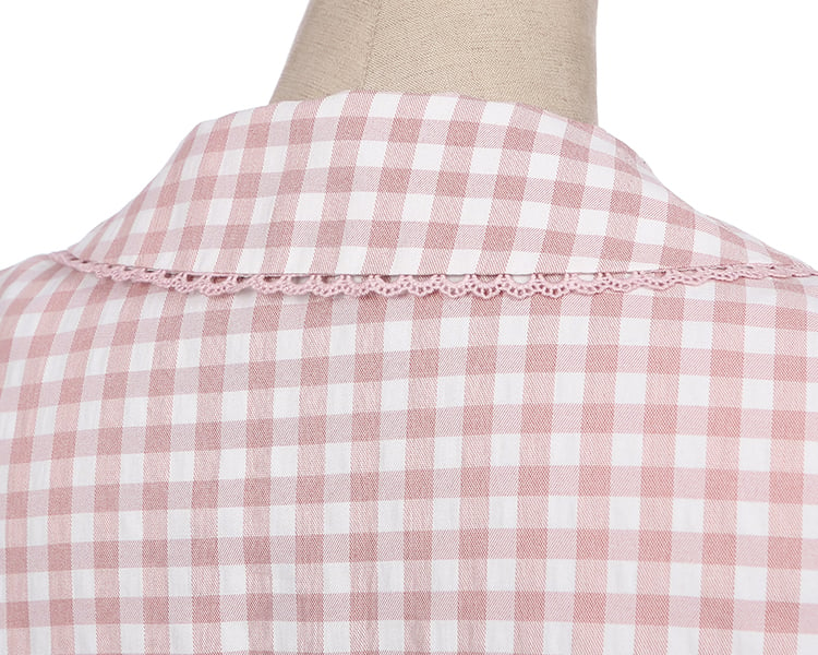 Pink Peter Pan Collar Plaid Short Puff Sleeves Shirt