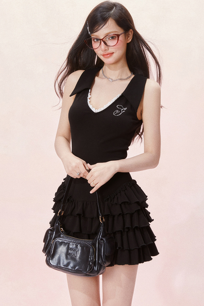 Slim Cake Dress Fit Sleeveless Chic Ruffle V-Neck