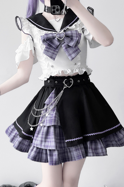 Set Sailor Flared Check Top + Skirt Mine