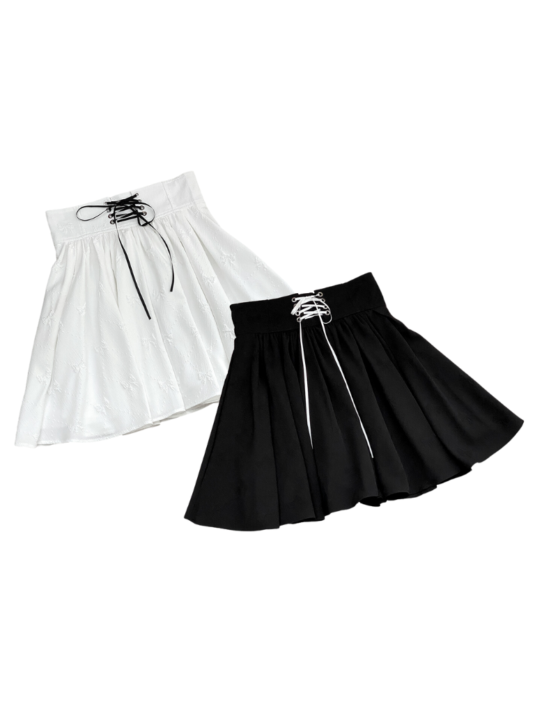 High Waist Jacquard Straps Ribbon Skirt