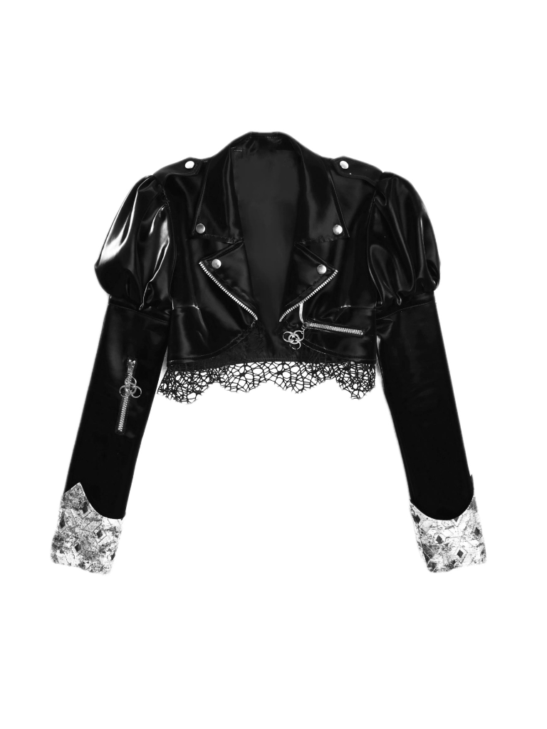 Spleißen Spitze Jacke Punk Mesh Leder PU Kurze