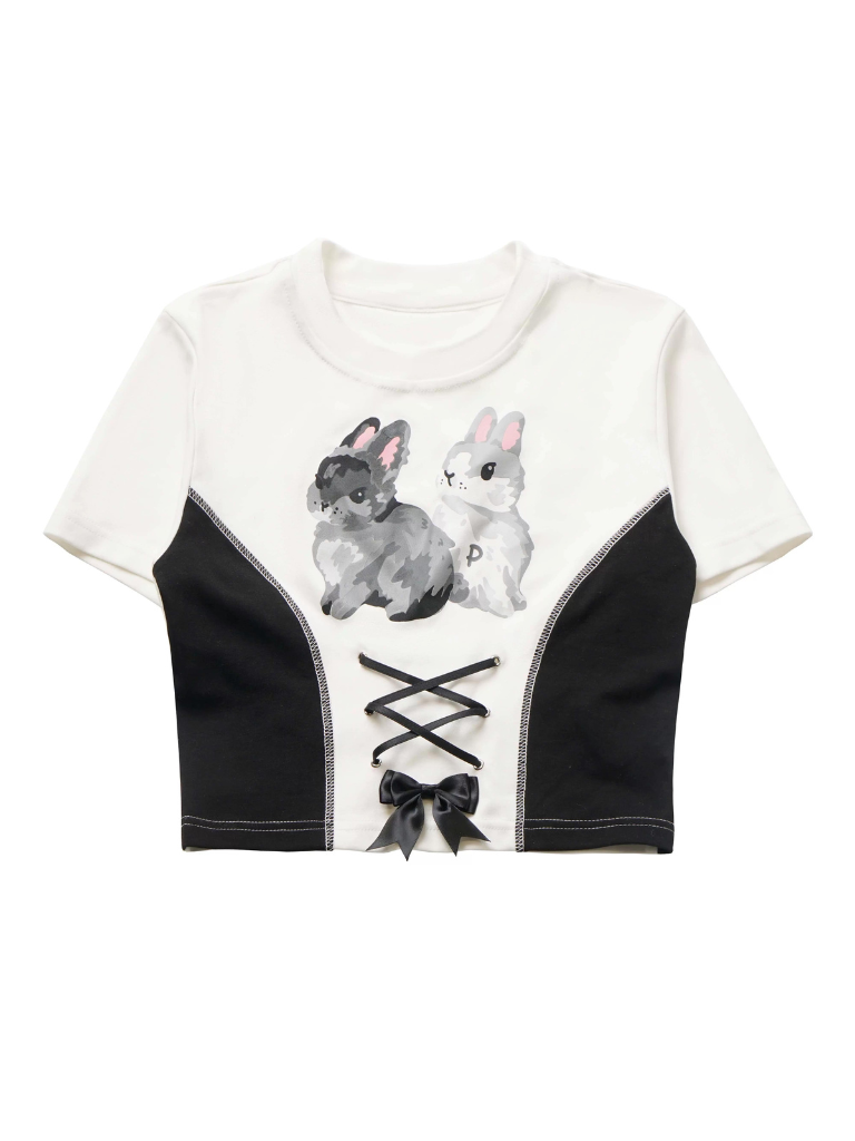 Pantalon à bretelles design d'été, lapin, épaules dénudées, sweat à capuche noir et blanc, costume